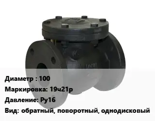 Клапан чугунный 100 19ч21р Ру16 обратный, поворотный, однодисковый